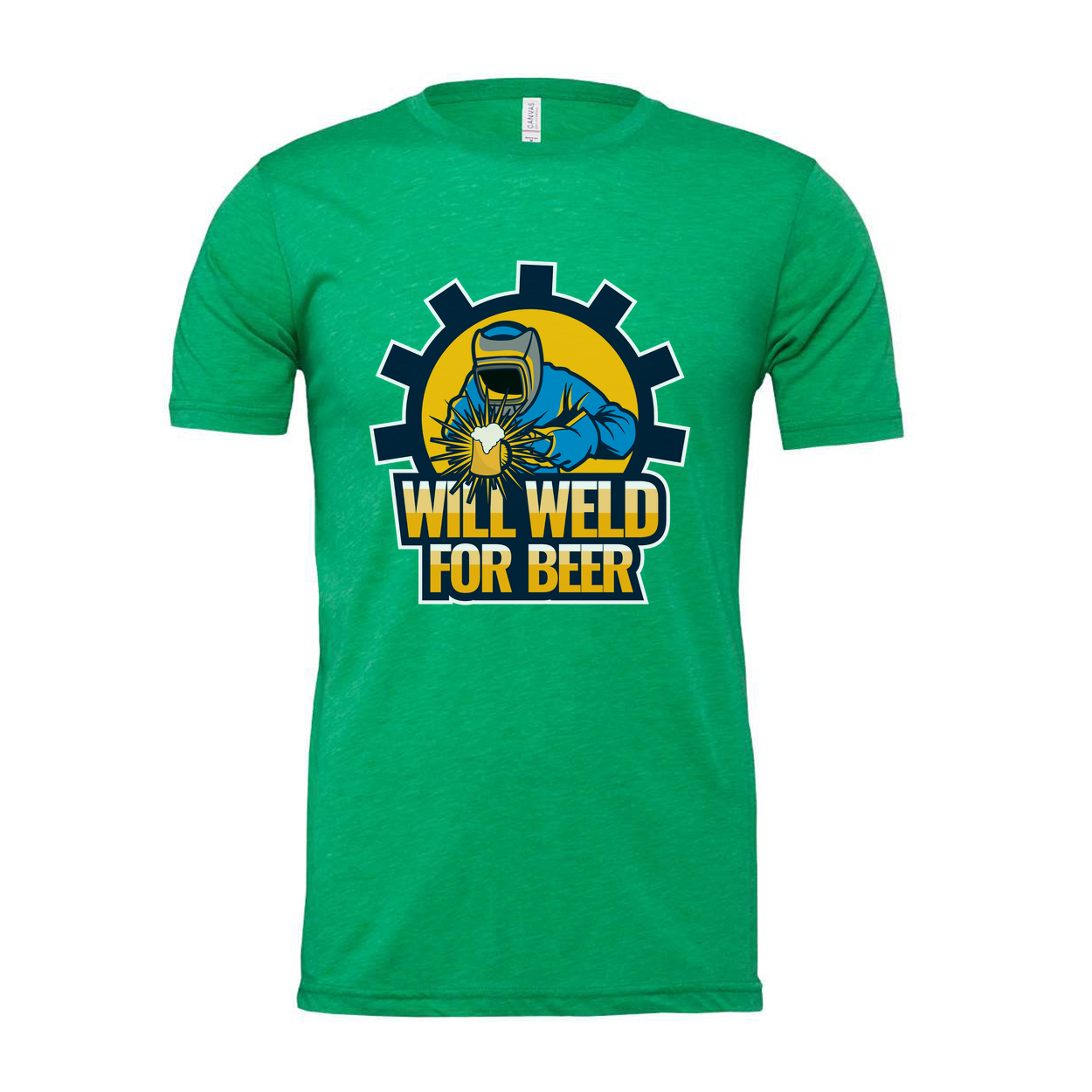 Will Weld For Beer Unisex Welding Graphic T Shirt With Gear Emblem And Bold Text
