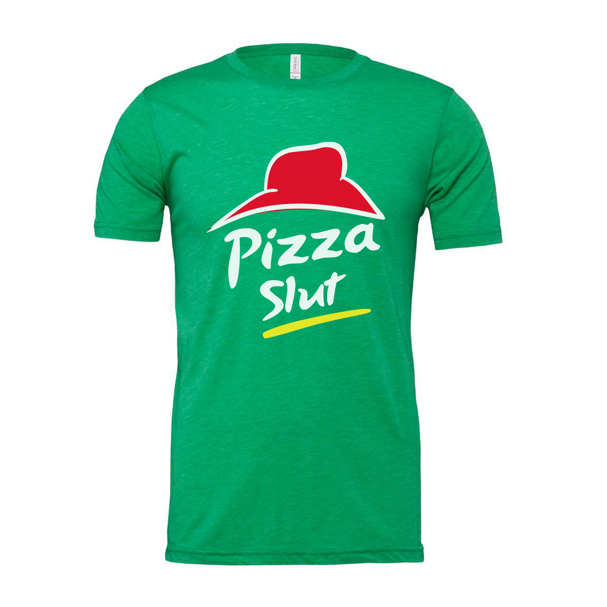 White Unisex Cotton T Shirt With Red Hat Pizza Slut Graphic And Yellow Brushstroke