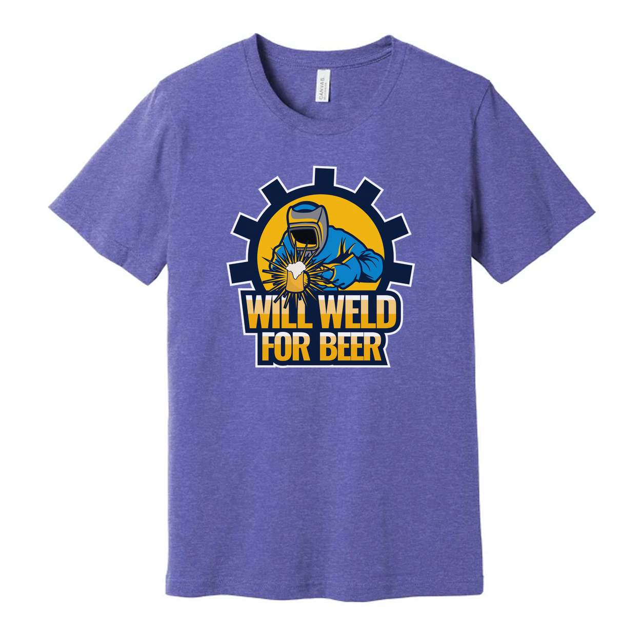 Will Weld For Beer Unisex Welding Graphic T Shirt With Gear Emblem And Bold Text