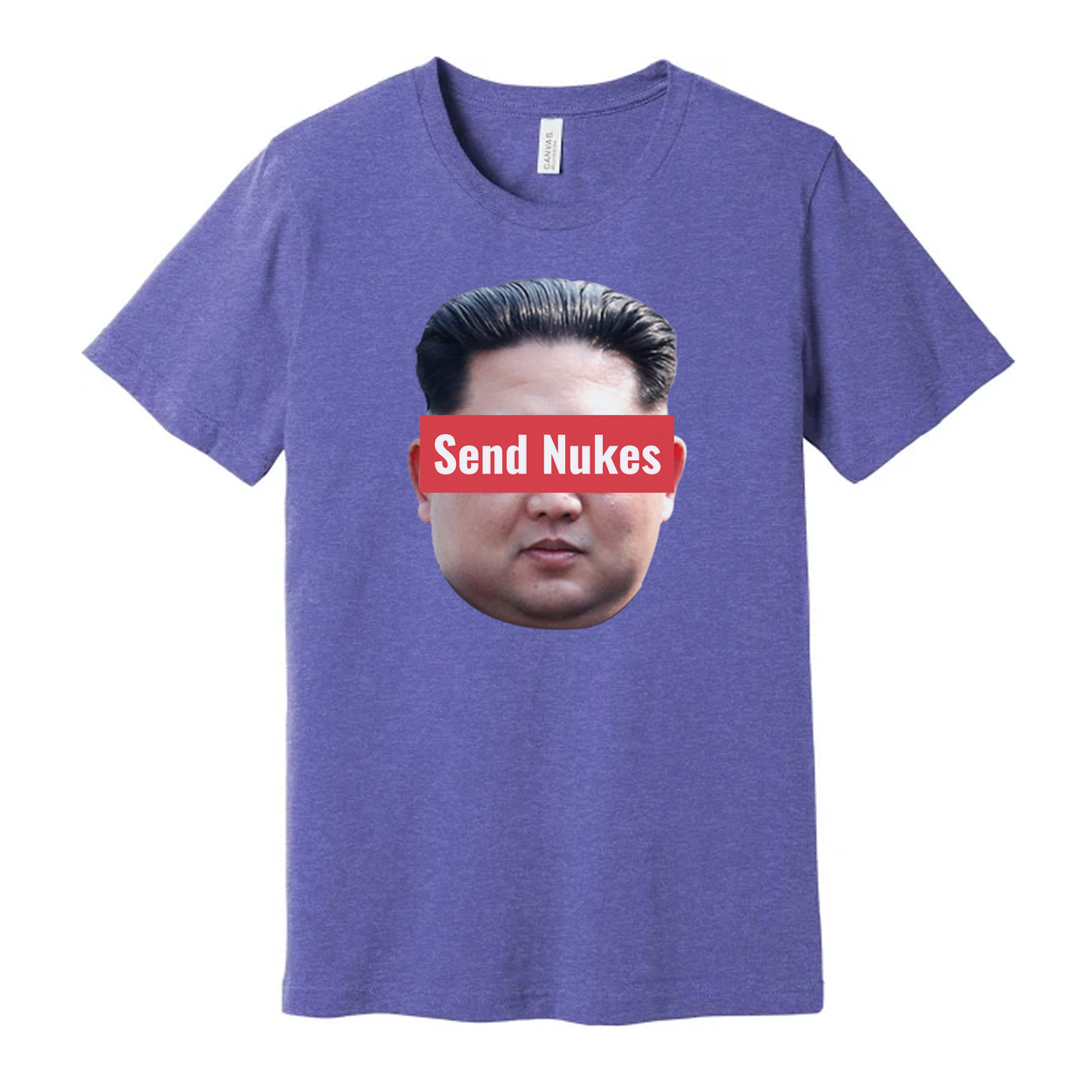 Humorous Unisex Graphic Tee With Red Censorship Bar Across Face Displaying Send Nukes