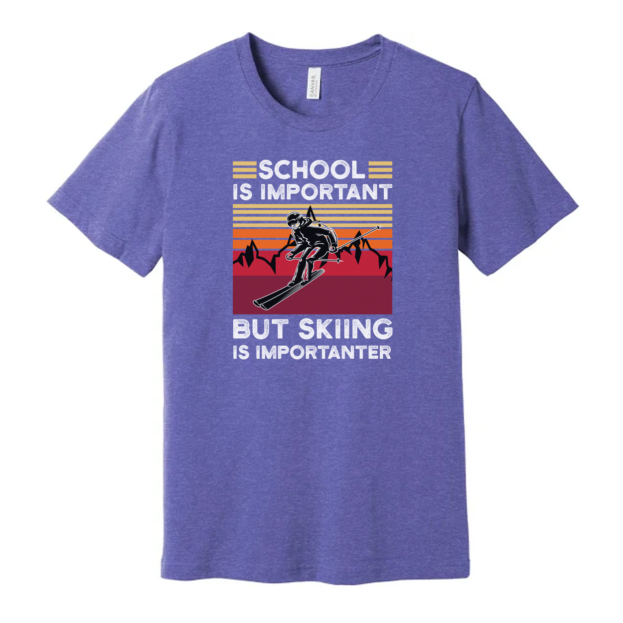 Humor Unisex Skiing T Shirt With Retro Sunset Mountains And School Is Important But Skiing Is Importanter