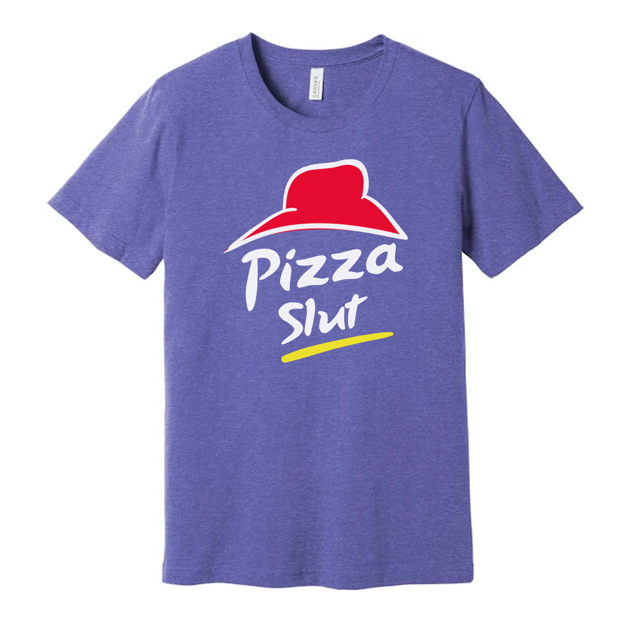 White Unisex Cotton T Shirt With Red Hat Pizza Slut Graphic And Yellow Brushstroke