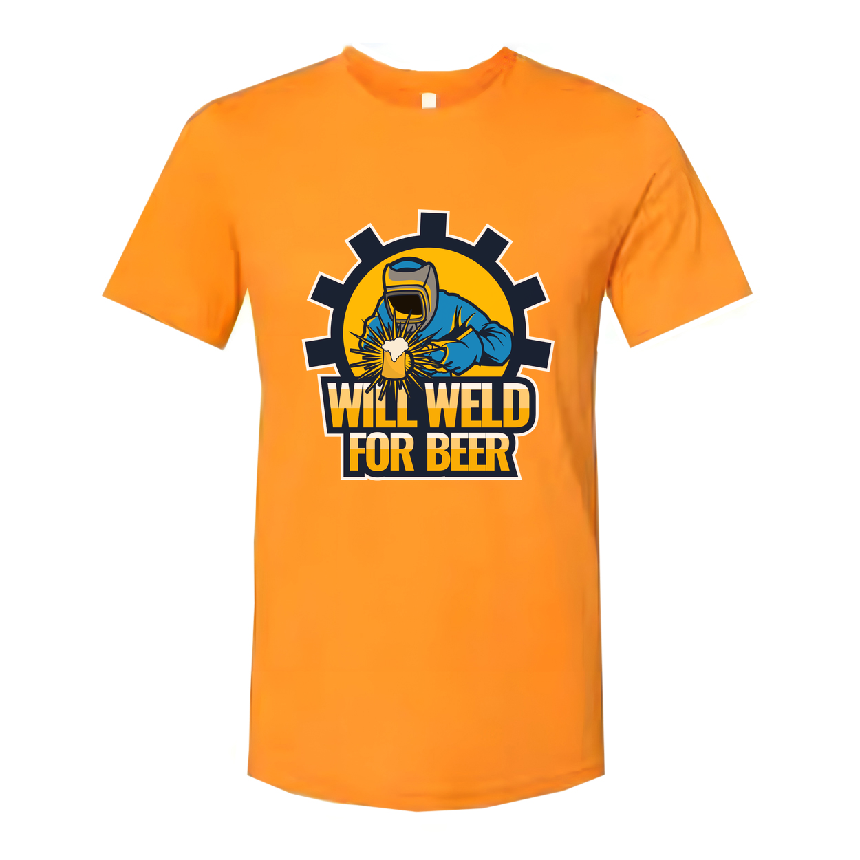 Will Weld For Beer Unisex Welding Graphic T Shirt With Gear Emblem And Bold Text
