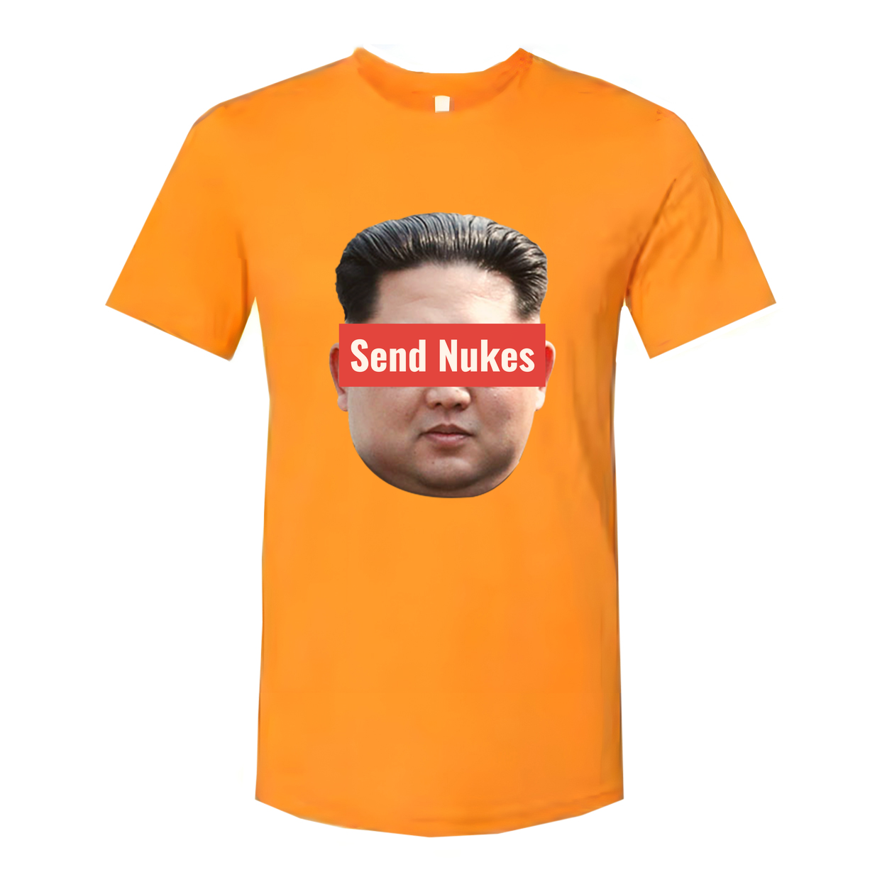 Humorous Unisex Graphic Tee With Red Censorship Bar Across Face Displaying Send Nukes