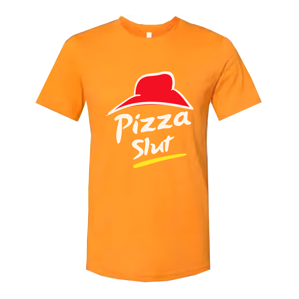 White Unisex Cotton T Shirt With Red Hat Pizza Slut Graphic And Yellow Brushstroke