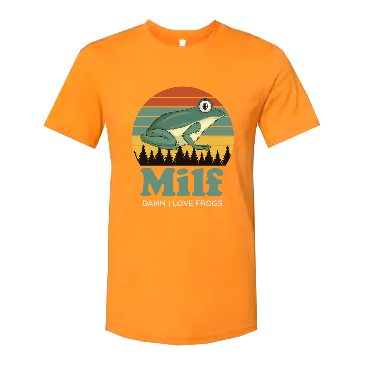 Humorous Frog Graphic T Shirt With Retro Sunset Stripes And Milf Text For Nature Lovers
