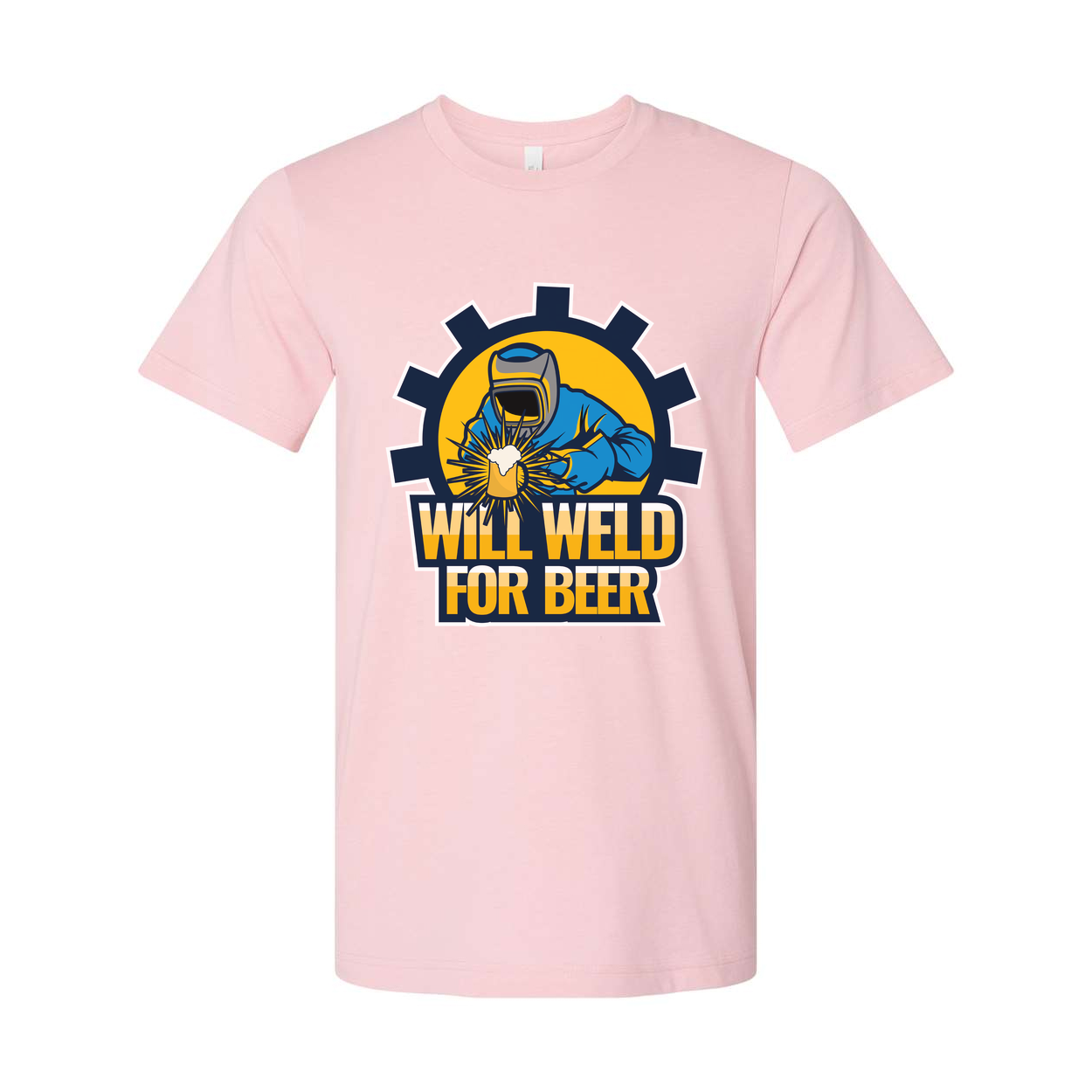 Will Weld For Beer Unisex Welding Graphic T Shirt With Gear Emblem And Bold Text