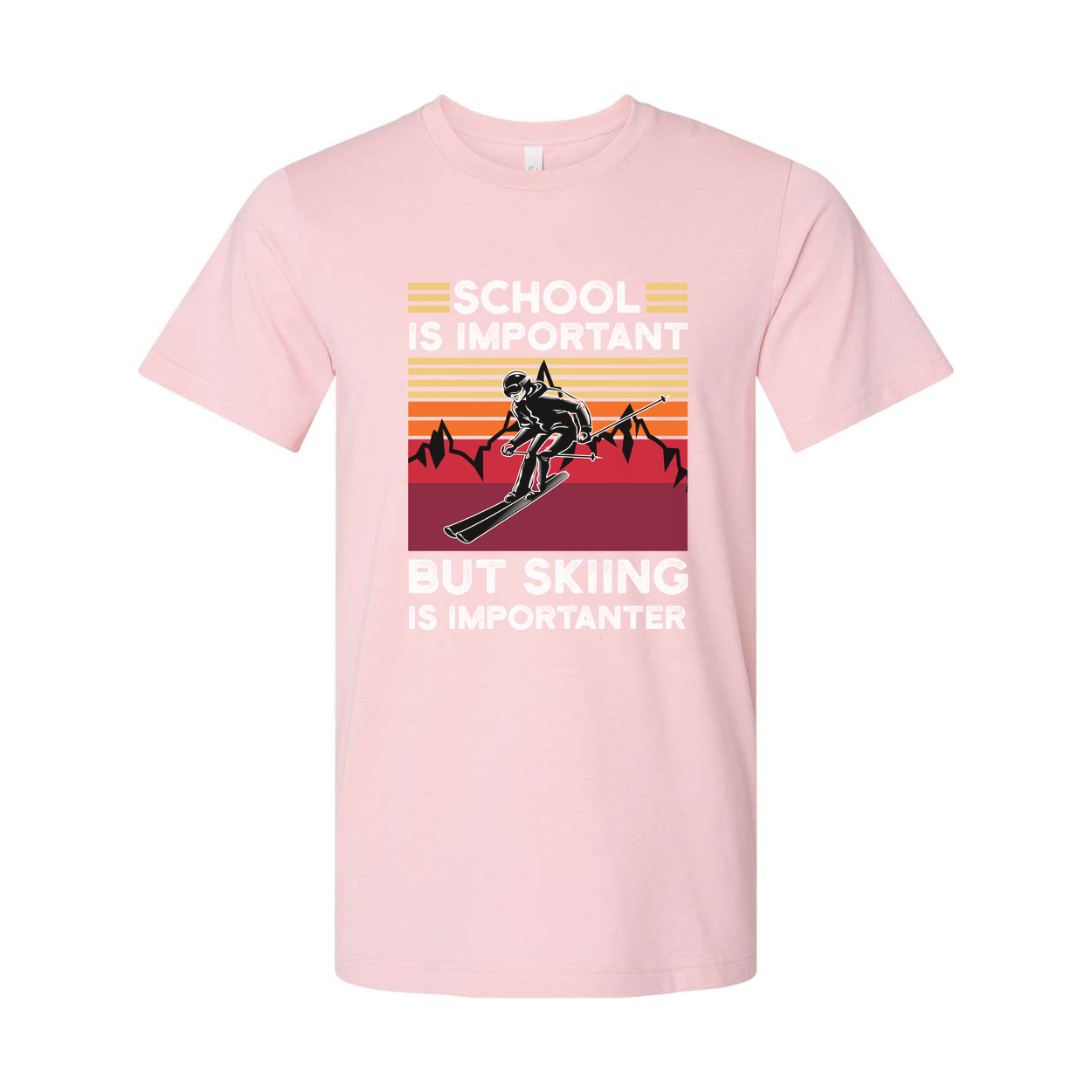 Humor Unisex Skiing T Shirt With Retro Sunset Mountains And School Is Important But Skiing Is Importanter