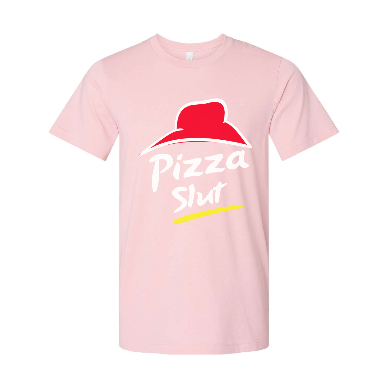 White Unisex Cotton T Shirt With Red Hat Pizza Slut Graphic And Yellow Brushstroke