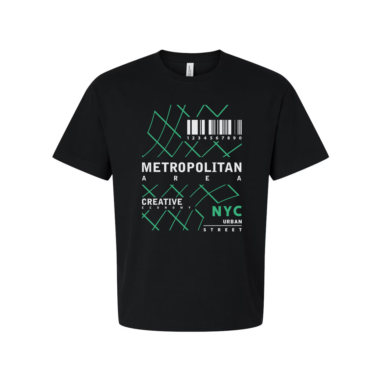 Urban Unisex T Shirt Featuring Geometric Green Barcode Pattern And NYC Street Graphic