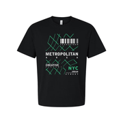 Urban Unisex T Shirt Featuring Geometric Green Barcode Pattern And NYC Street Graphic