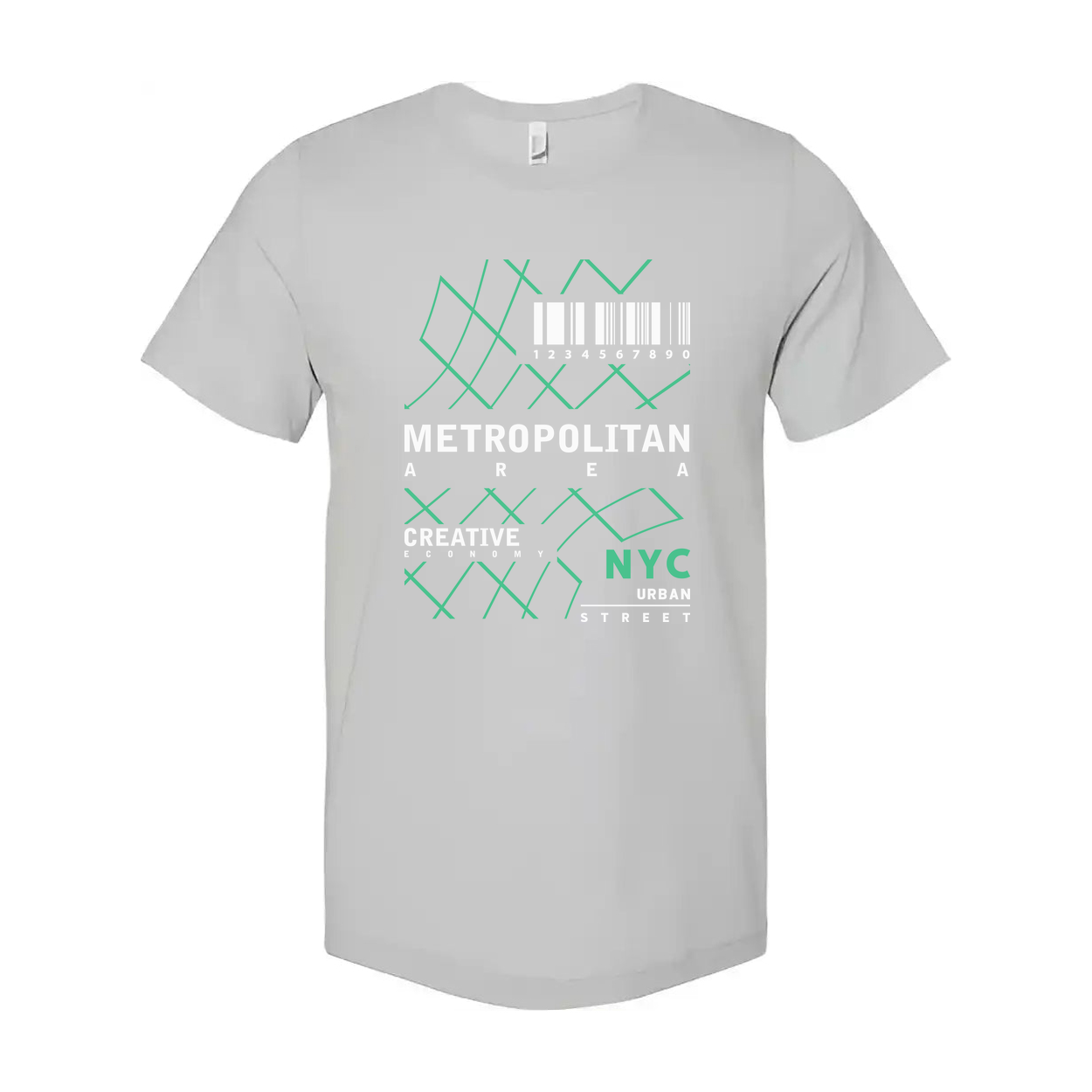 Urban Unisex T Shirt Featuring Geometric Green Barcode Pattern And NYC Street Graphic