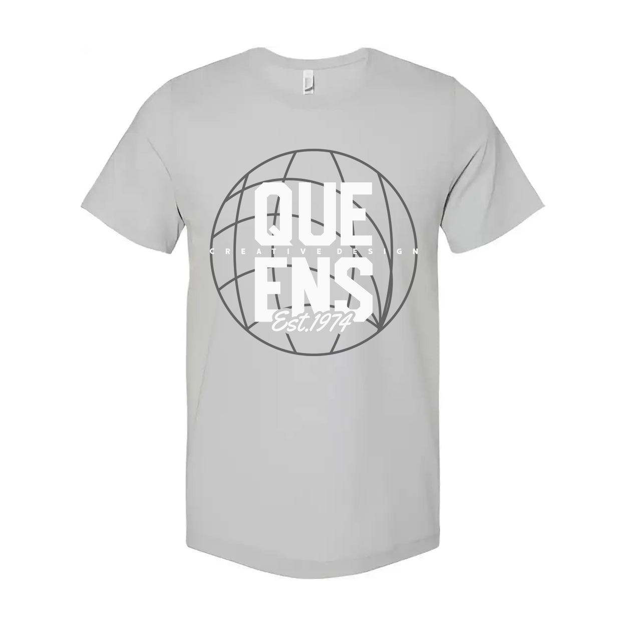 Queens Globe Graphic T Shirt Unisex White Tee Featuring Est 1974 Creative Logo Design