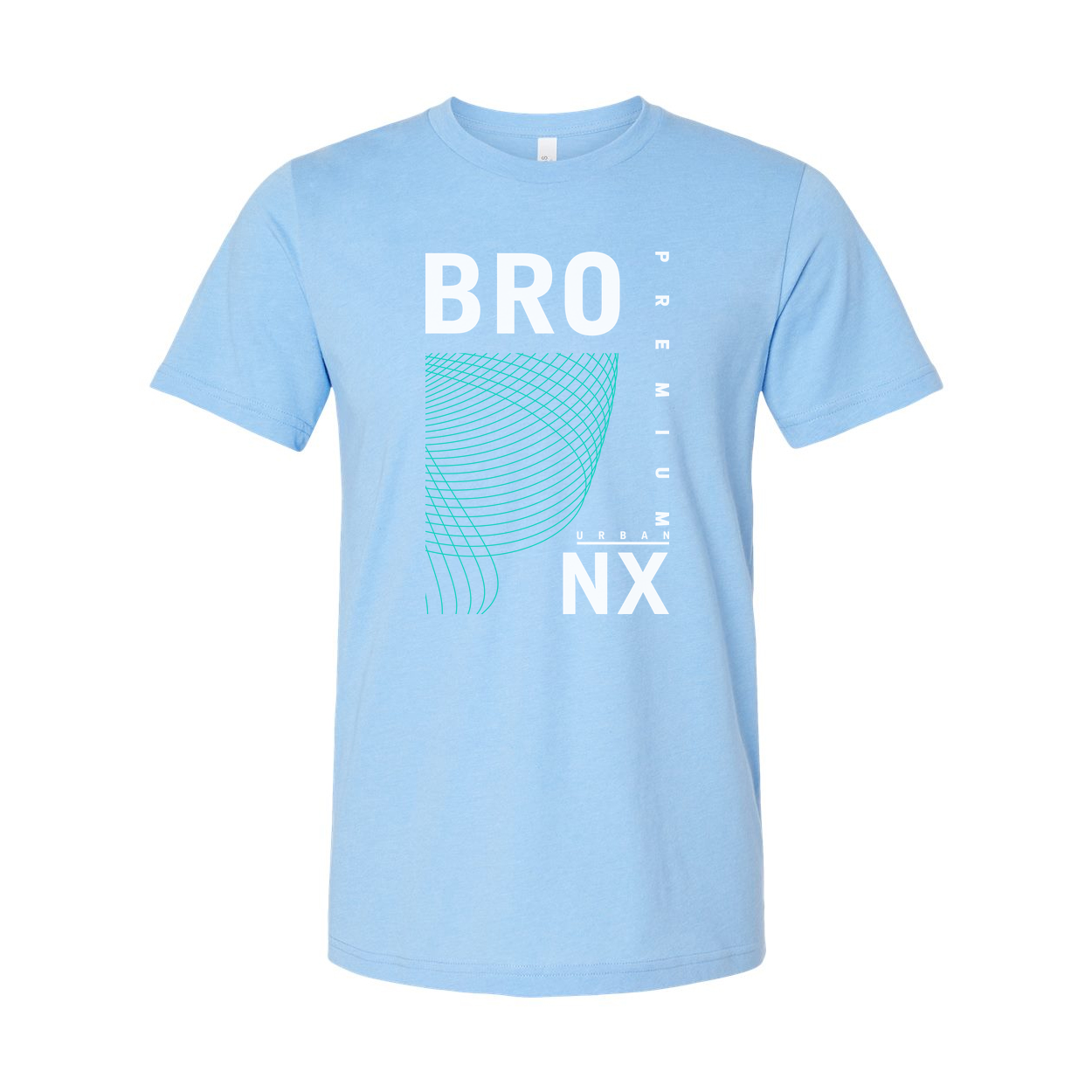 Urban Unisex T Shirt With Cyan Geometric Wave Print And Bold BRO NX Graphic Design Apparel Premium