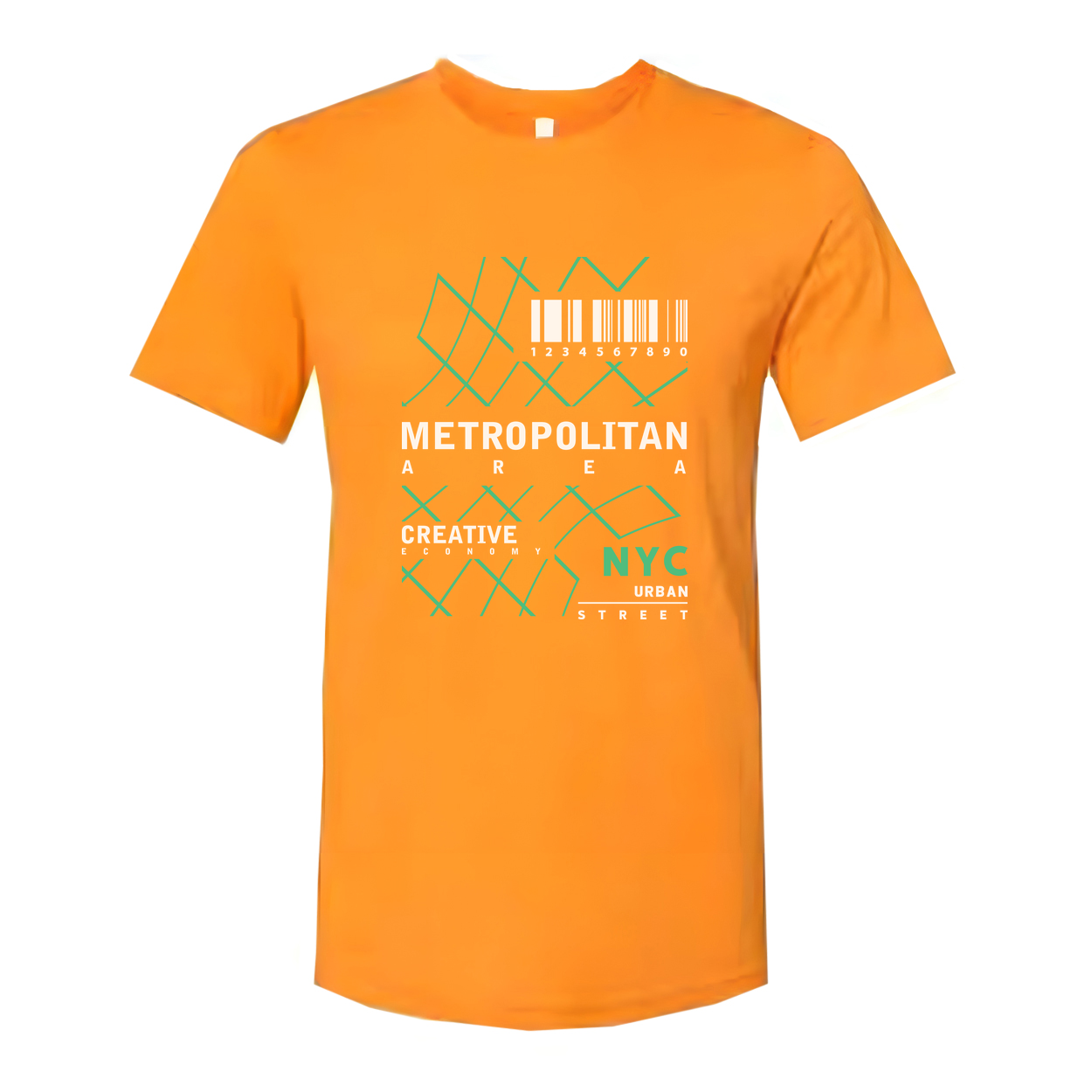 Urban Unisex T Shirt Featuring Geometric Green Barcode Pattern And NYC Street Graphic