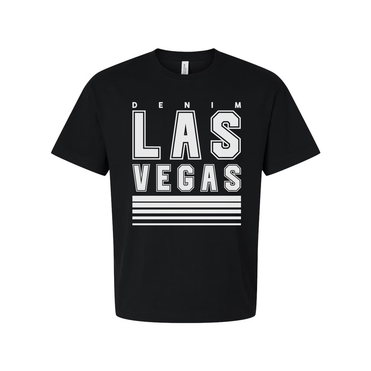 Denim Las Vegas Graphic T Shirt Unisex Tee With Bold Block Letters And Stripes