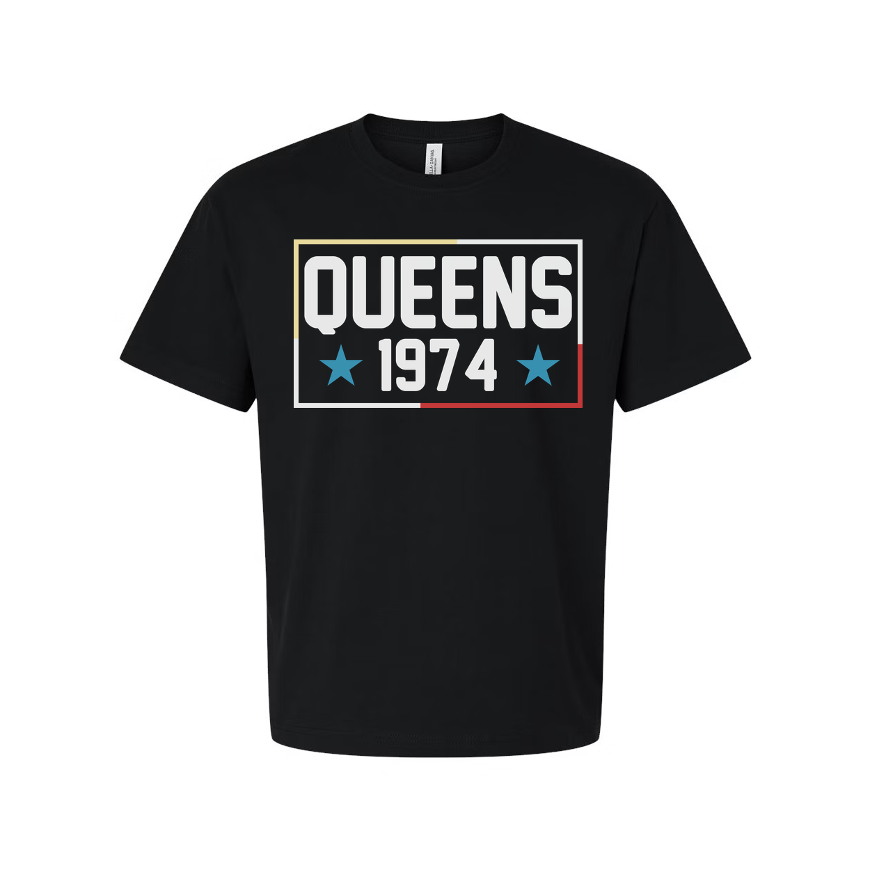 Queens 1974 Graphic Tee Unisex Short Sleeve T Shirt With Bold Rectangle Design