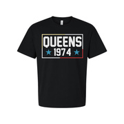 Queens 1974 Graphic Tee Unisex Short Sleeve T Shirt With Bold Rectangle Design