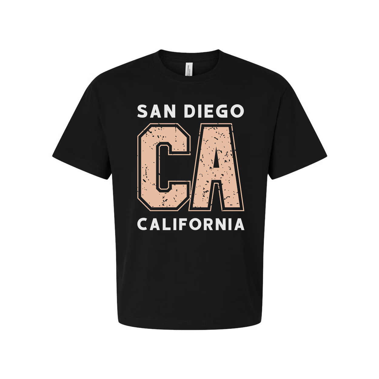San Diego California Unisex Graphic T Shirt With Large Distressed Peach CA Lettering