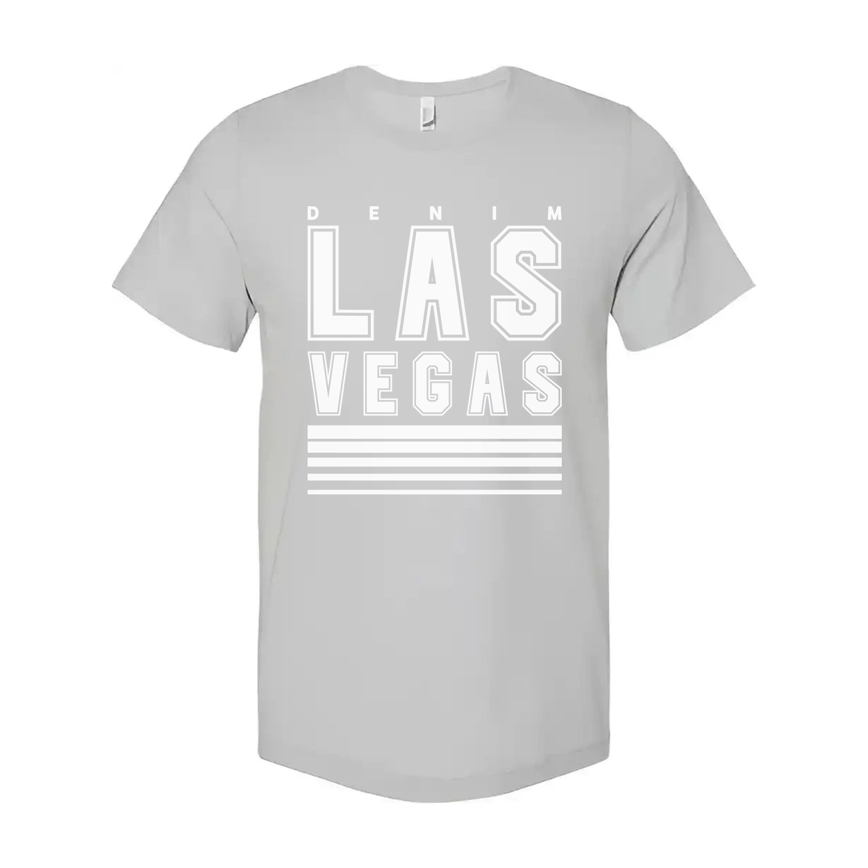 Denim Las Vegas Graphic T Shirt Unisex Tee With Bold Block Letters And Stripes
