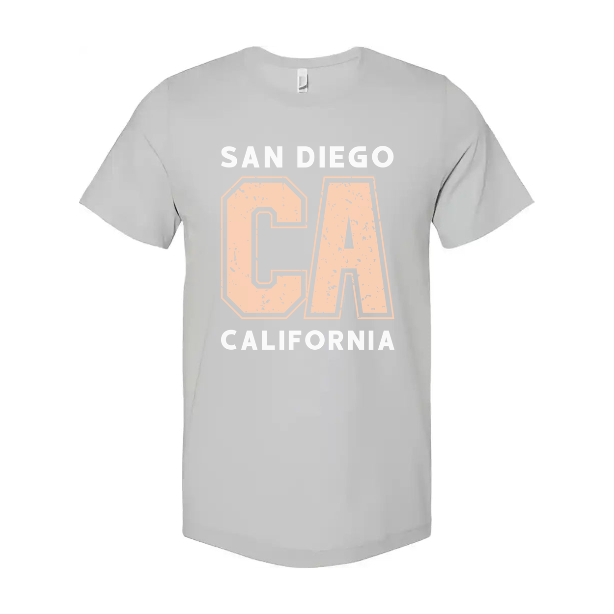 San Diego California Unisex Graphic T Shirt With Large Distressed Peach CA Lettering