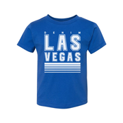 Denim Las Vegas Graphic T Shirt Unisex Tee With Bold Block Letters And Stripes