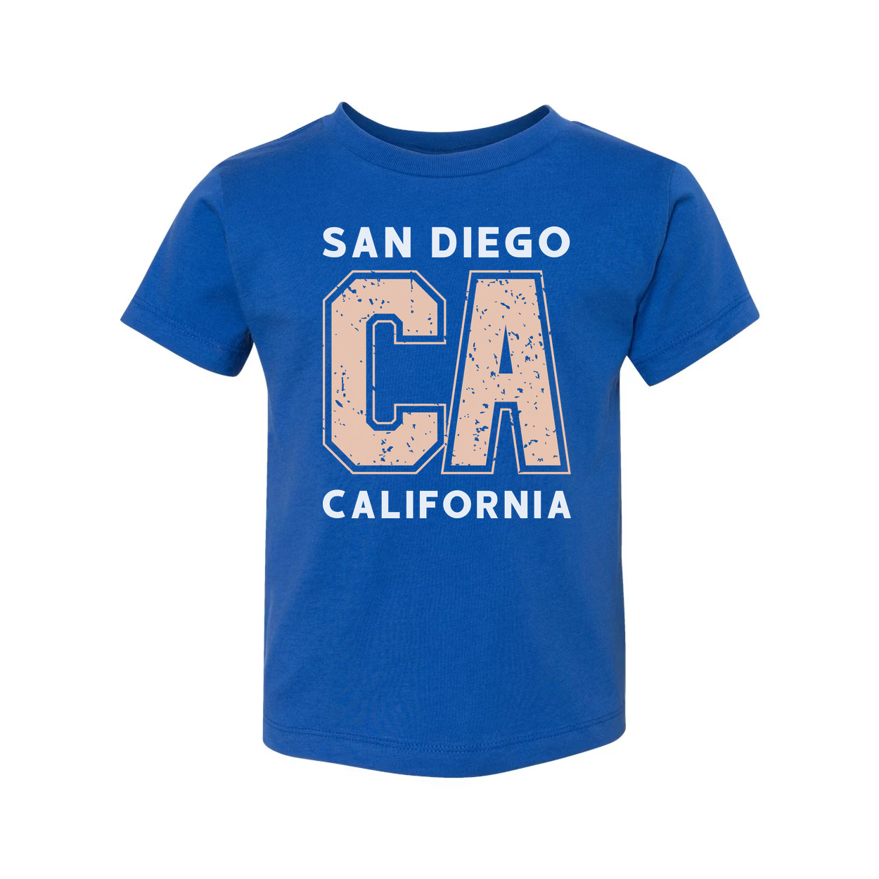 San Diego California Unisex Graphic T Shirt With Large Distressed Peach CA Lettering