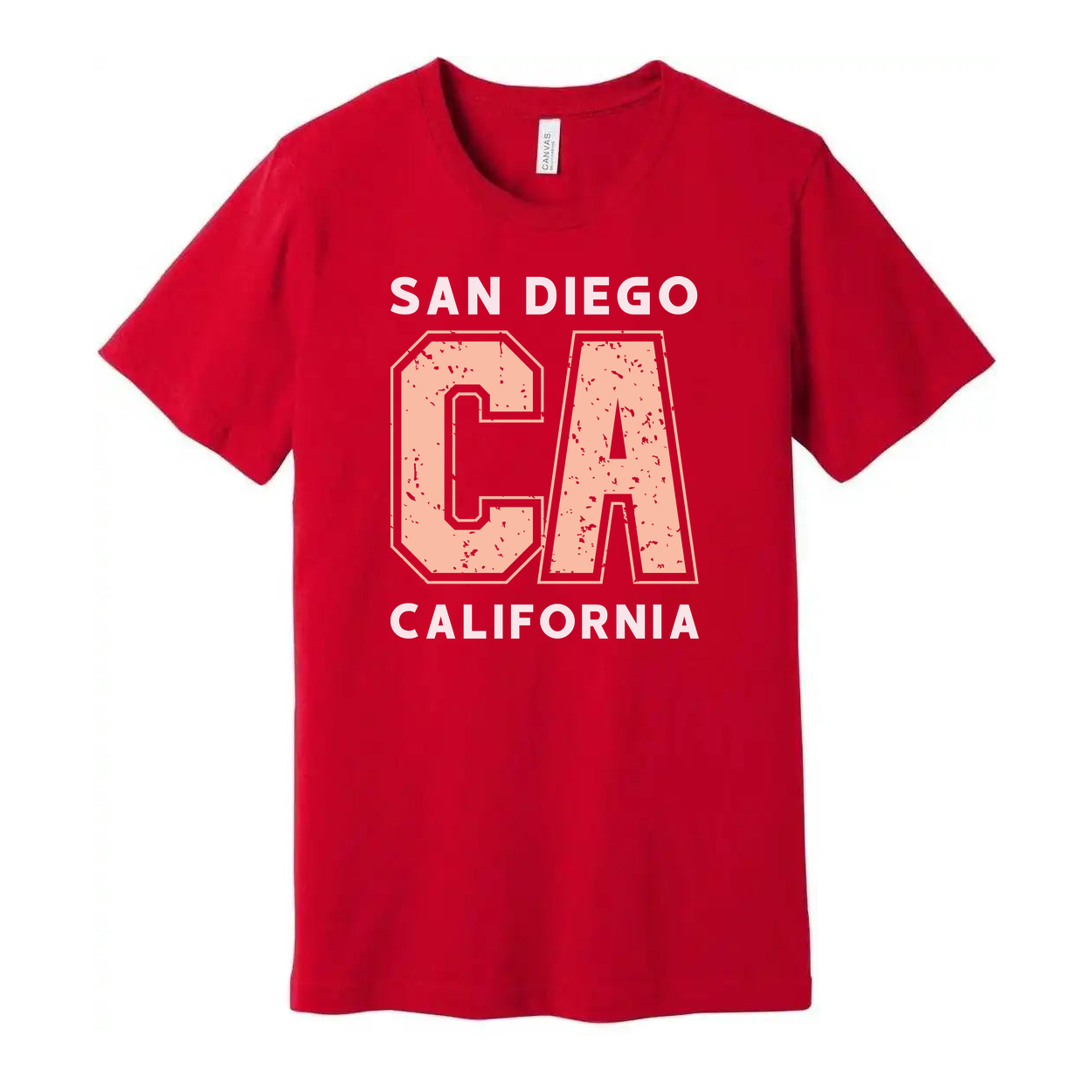 San Diego California Unisex Graphic T Shirt With Large Distressed Peach CA Lettering