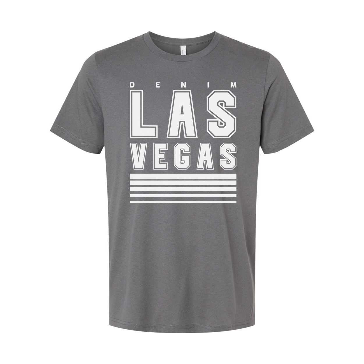 Denim Las Vegas Graphic T Shirt Unisex Tee With Bold Block Letters And Stripes