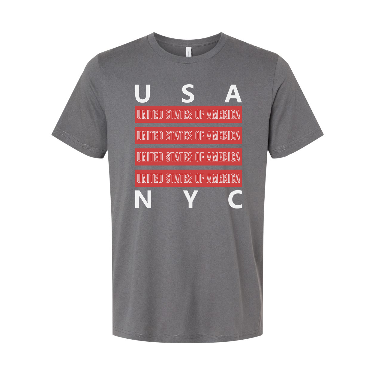 Unisex USA United States of America Graphic T Shirt With Red Repeating Text Bars and NYC Accent
