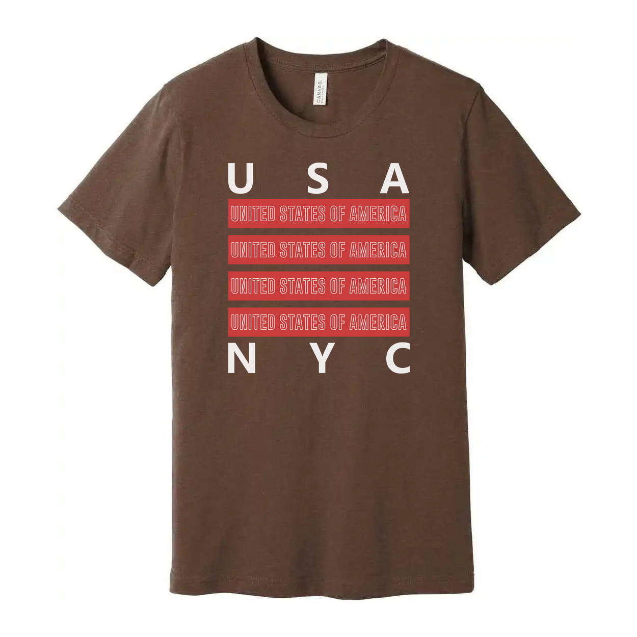 Unisex USA United States of America Graphic T Shirt With Red Repeating Text Bars and NYC Accent