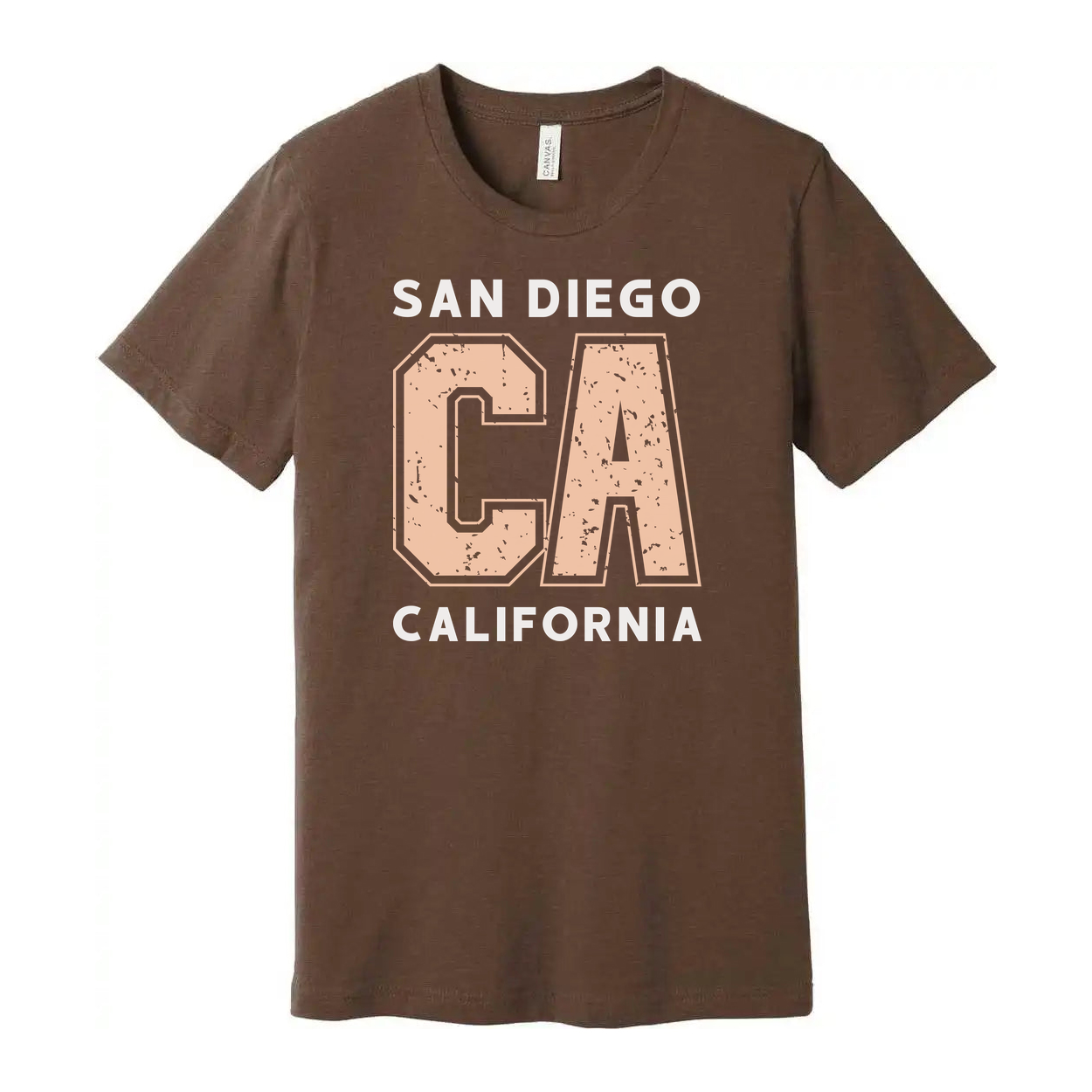San Diego California Unisex Graphic T Shirt With Large Distressed Peach CA Lettering