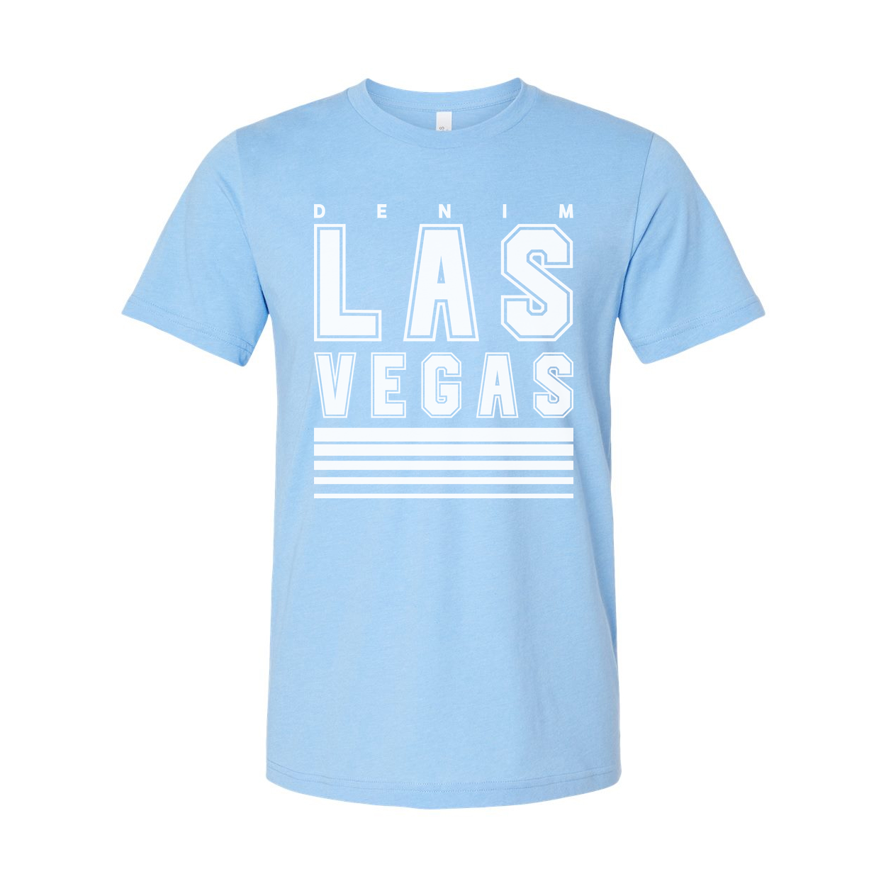 Denim Las Vegas Graphic T Shirt Unisex Tee With Bold Block Letters And Stripes