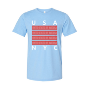 Unisex USA United States of America Graphic T Shirt With Red Repeating Text Bars and NYC Accent