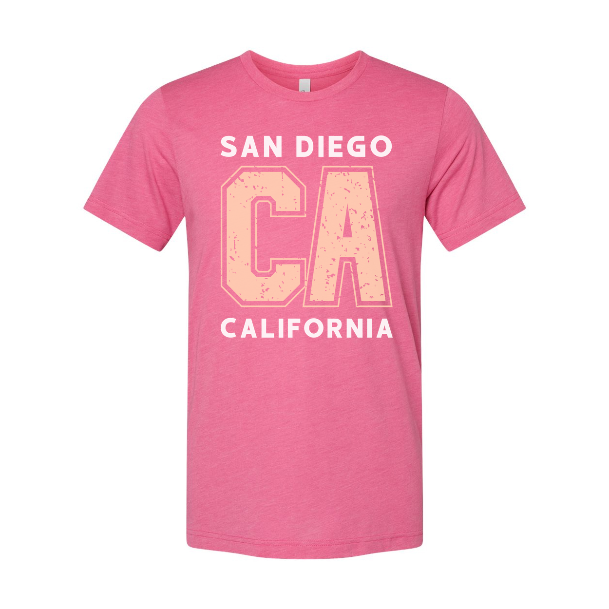 San Diego California Unisex Graphic T Shirt With Large Distressed Peach CA Lettering