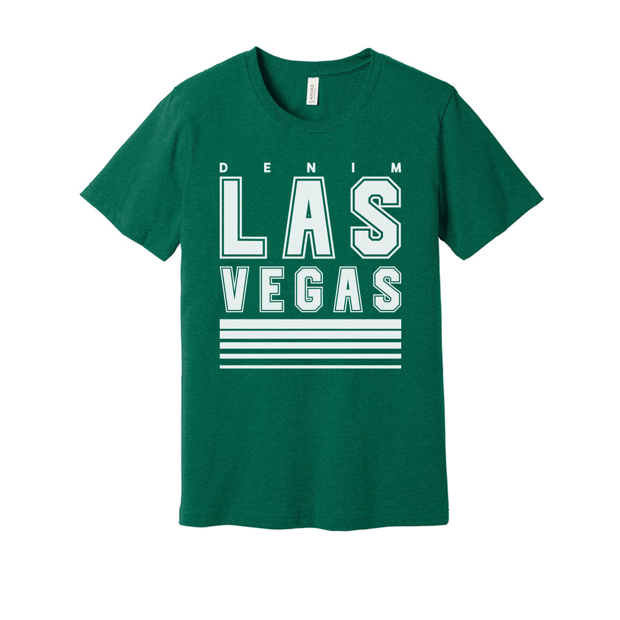 Denim Las Vegas Graphic T Shirt Unisex Tee With Bold Block Letters And Stripes