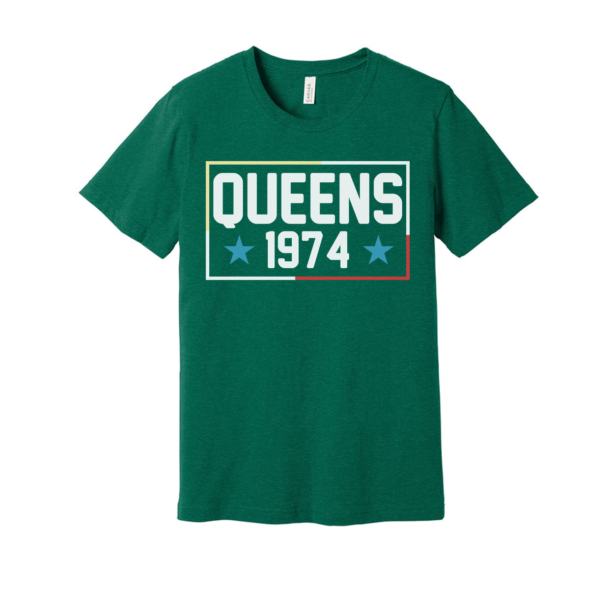 Queens 1974 Graphic Tee Unisex Short Sleeve T Shirt With Bold Rectangle Design