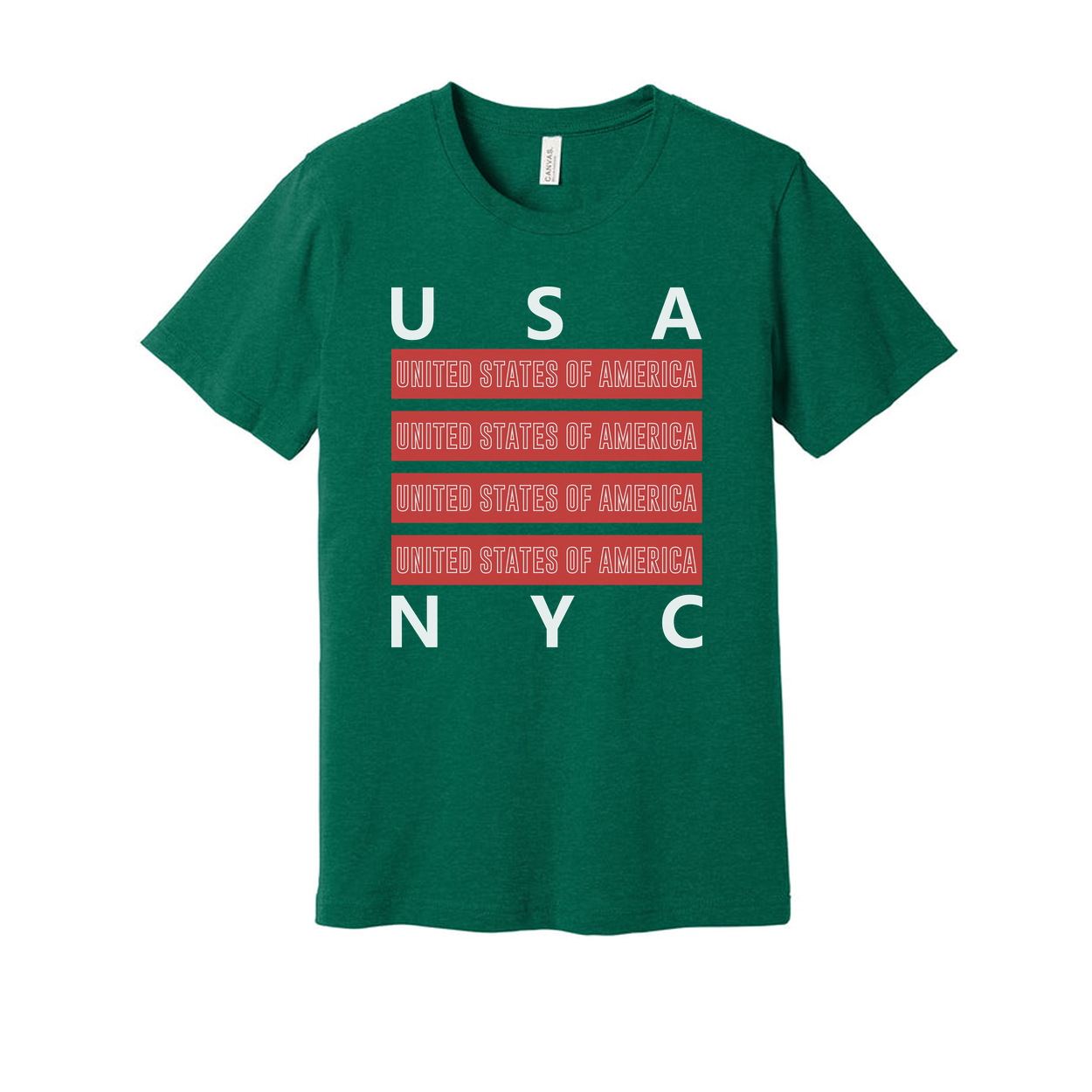 Unisex USA United States of America Graphic T Shirt With Red Repeating Text Bars and NYC Accent