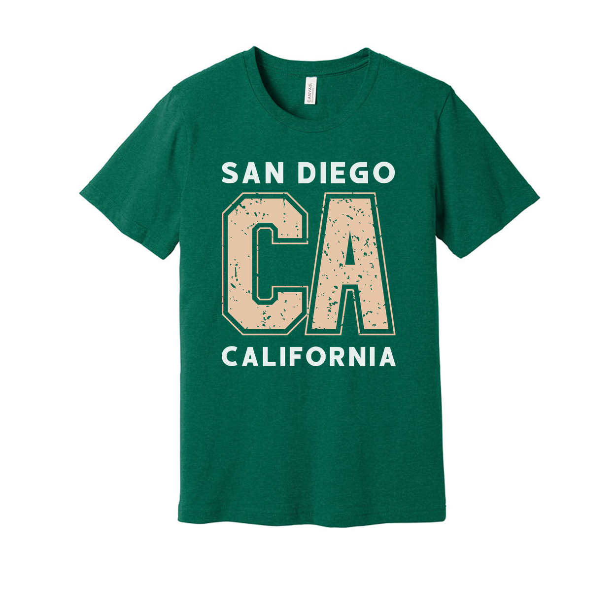 San Diego California Unisex Graphic T Shirt With Large Distressed Peach CA Lettering