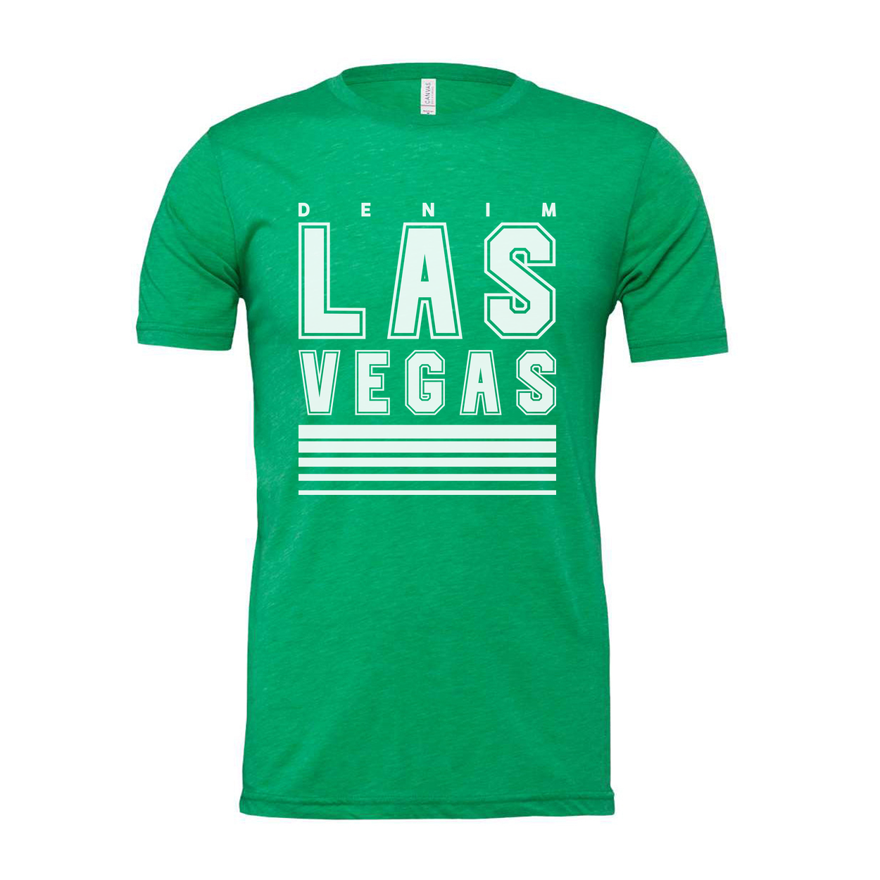Denim Las Vegas Graphic T Shirt Unisex Tee With Bold Block Letters And Stripes