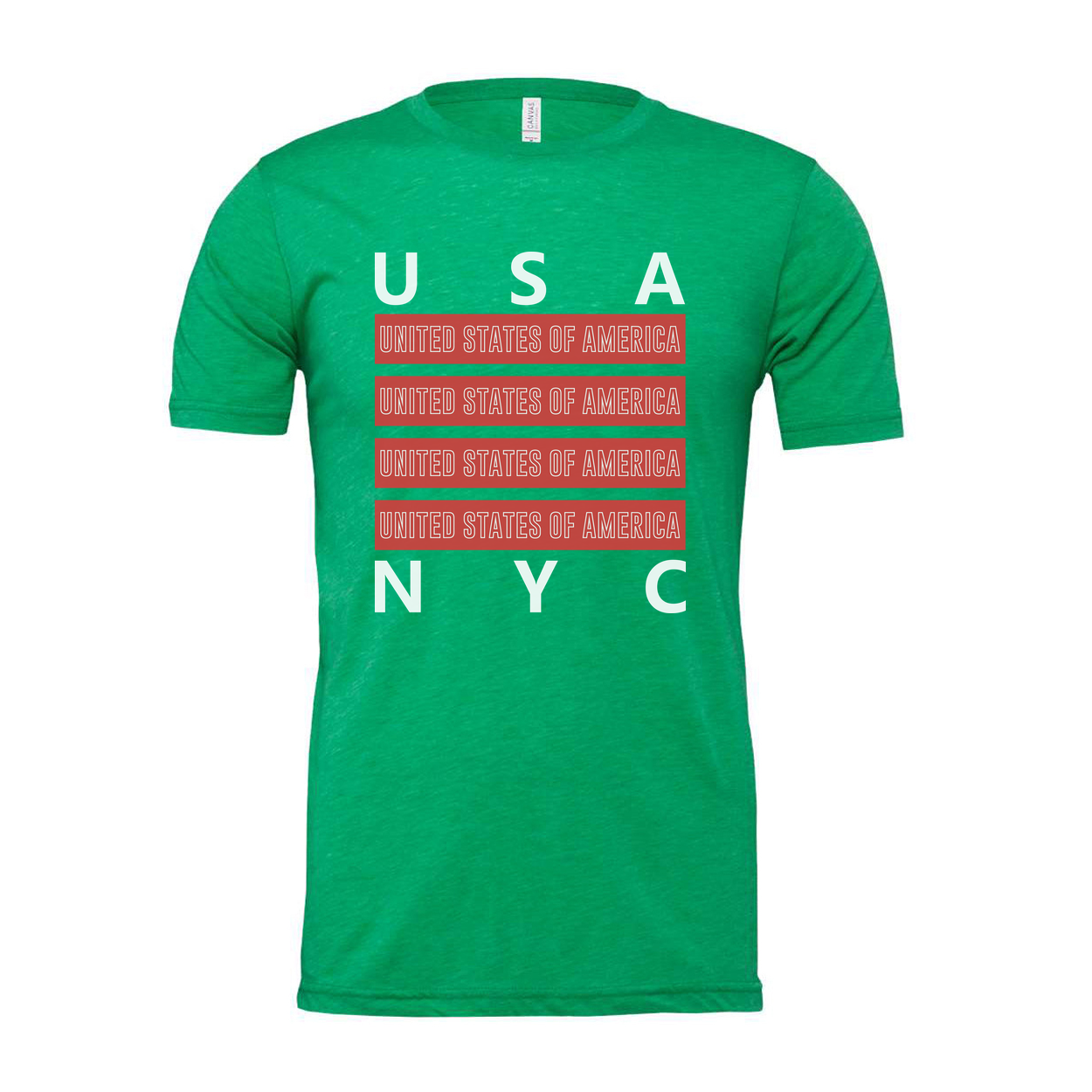 Unisex USA United States of America Graphic T Shirt With Red Repeating Text Bars and NYC Accent