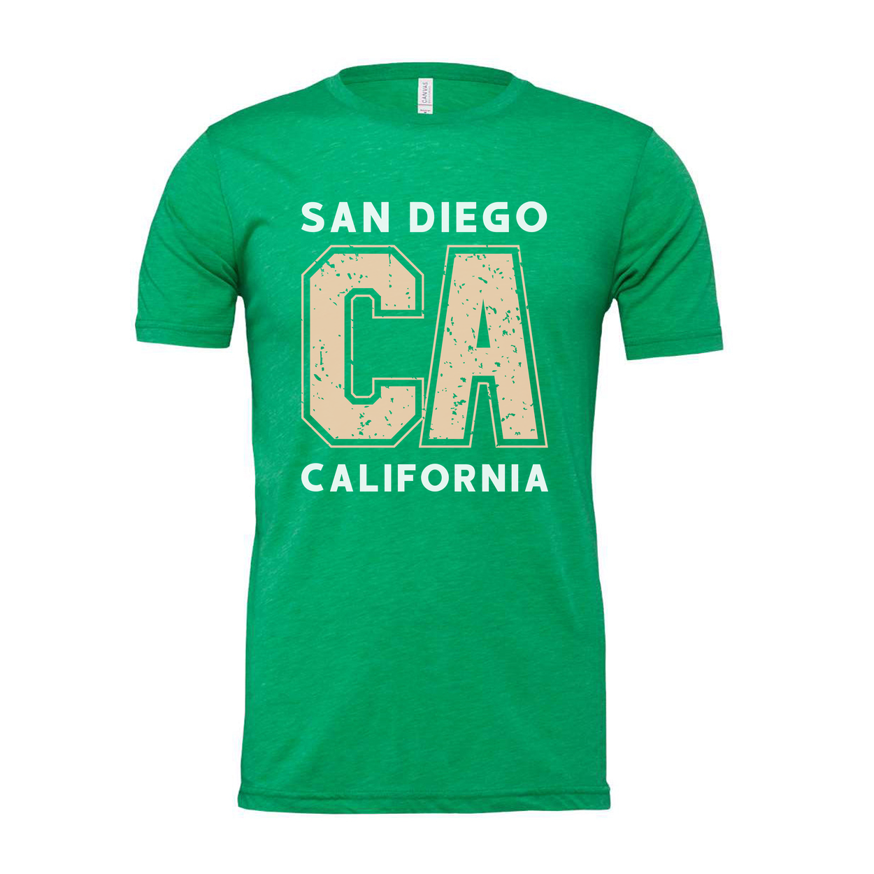 San Diego California Unisex Graphic T Shirt With Large Distressed Peach CA Lettering