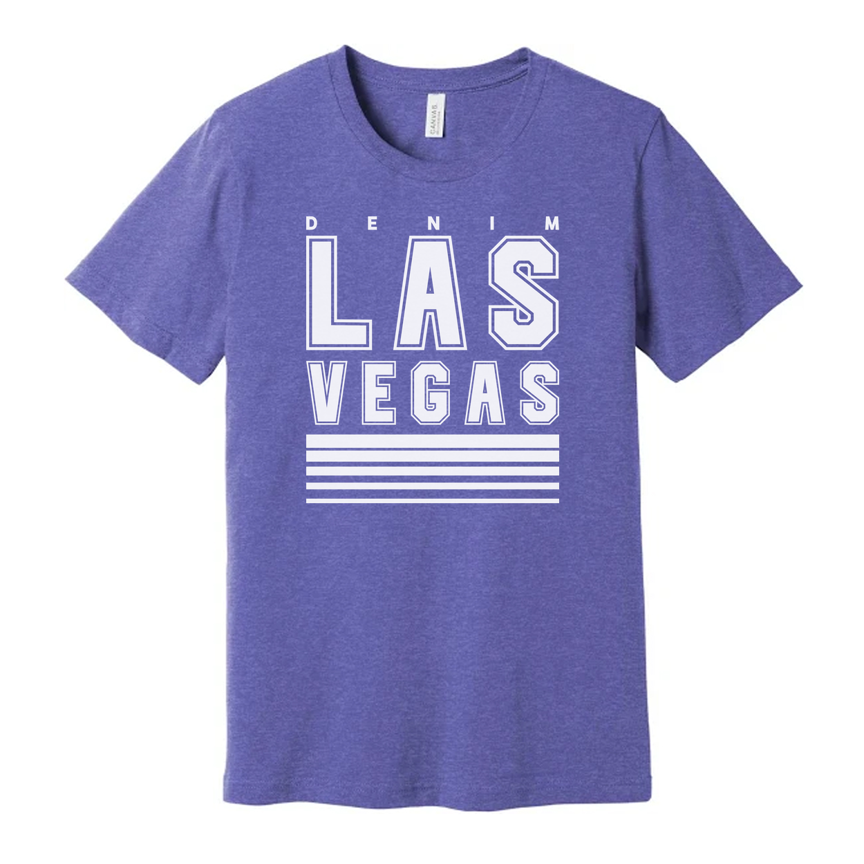 Denim Las Vegas Graphic T Shirt Unisex Tee With Bold Block Letters And Stripes
