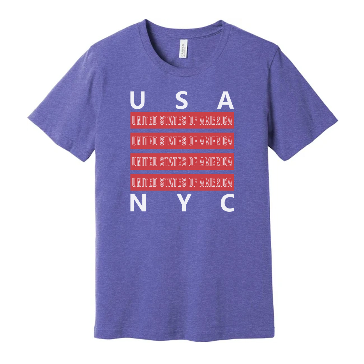 Unisex USA United States of America Graphic T Shirt With Red Repeating Text Bars and NYC Accent