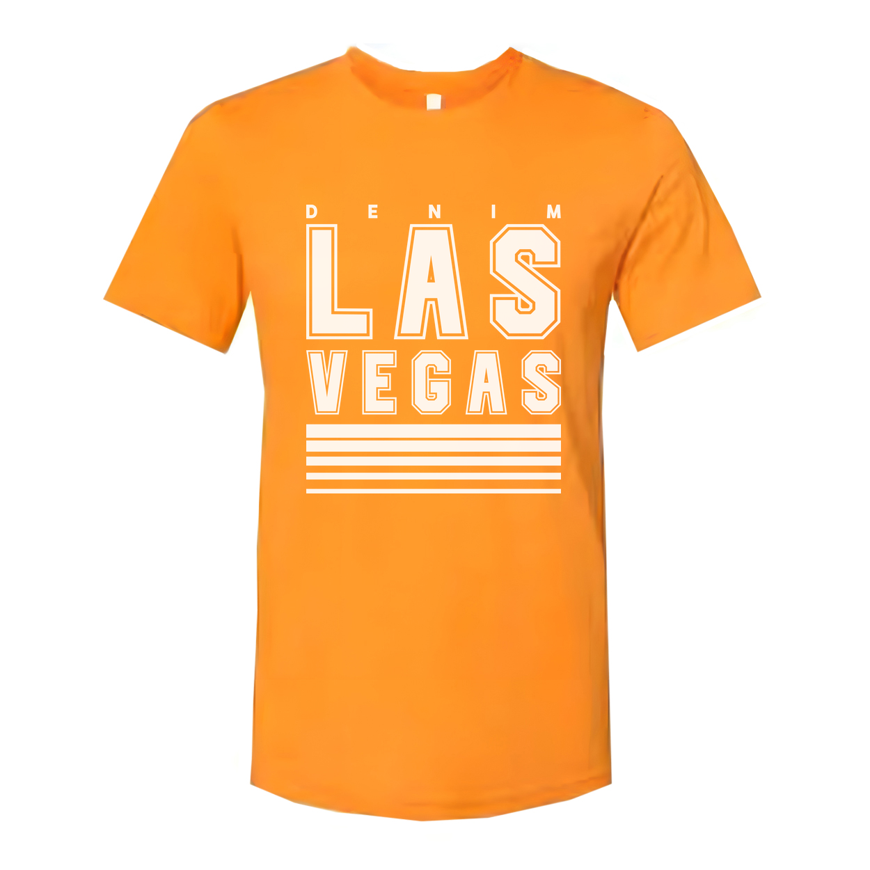 Denim Las Vegas Graphic T Shirt Unisex Tee With Bold Block Letters And Stripes