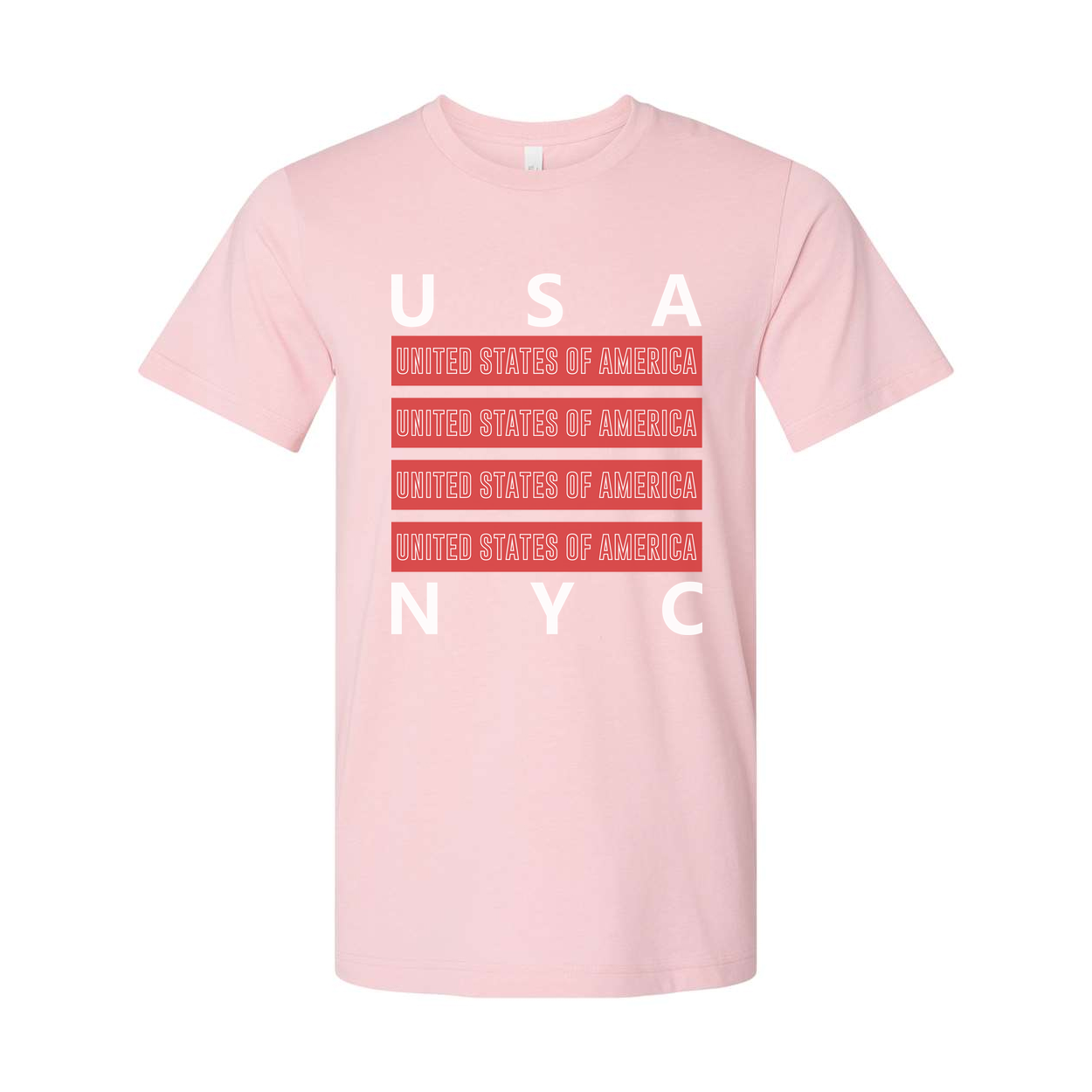 Unisex USA United States of America Graphic T Shirt With Red Repeating Text Bars and NYC Accent