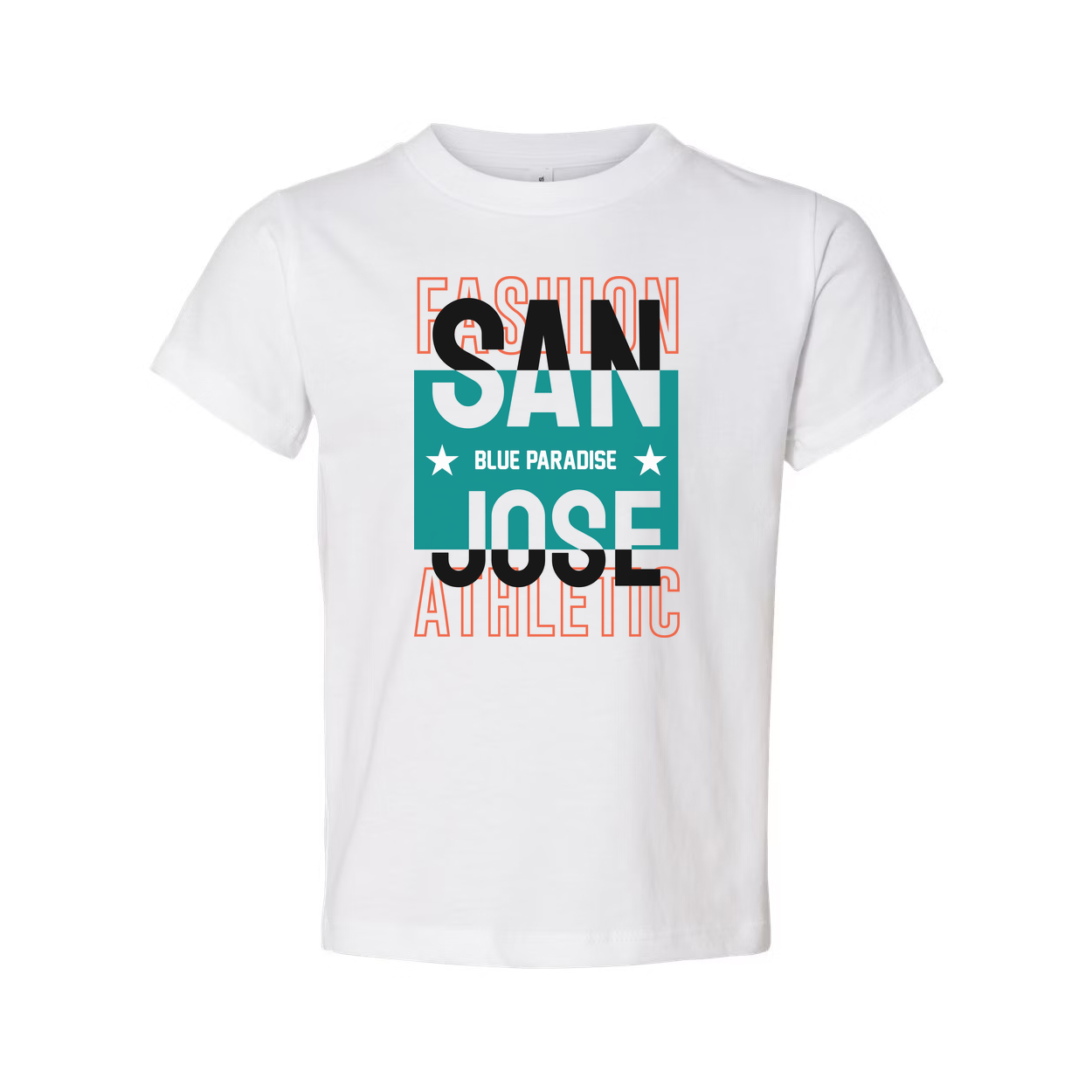 San Jose Athletic Graphic Unisex Tee With Teal Block Design And Blue Paradise Text