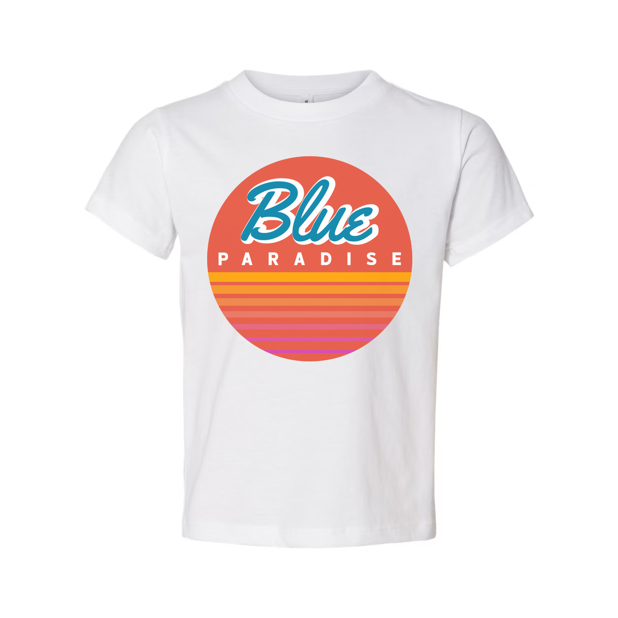 Unisex Short Sleeve Graphic Tee Featuring Blue Paradise Sunset Circle Logo Artwork
