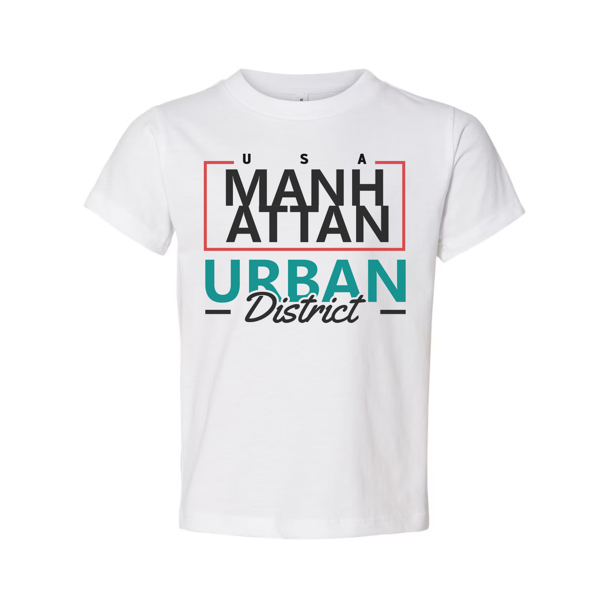 Manhattan Urban District Graphic Unisex T Shirt With Red Frame And Teal Urban Text