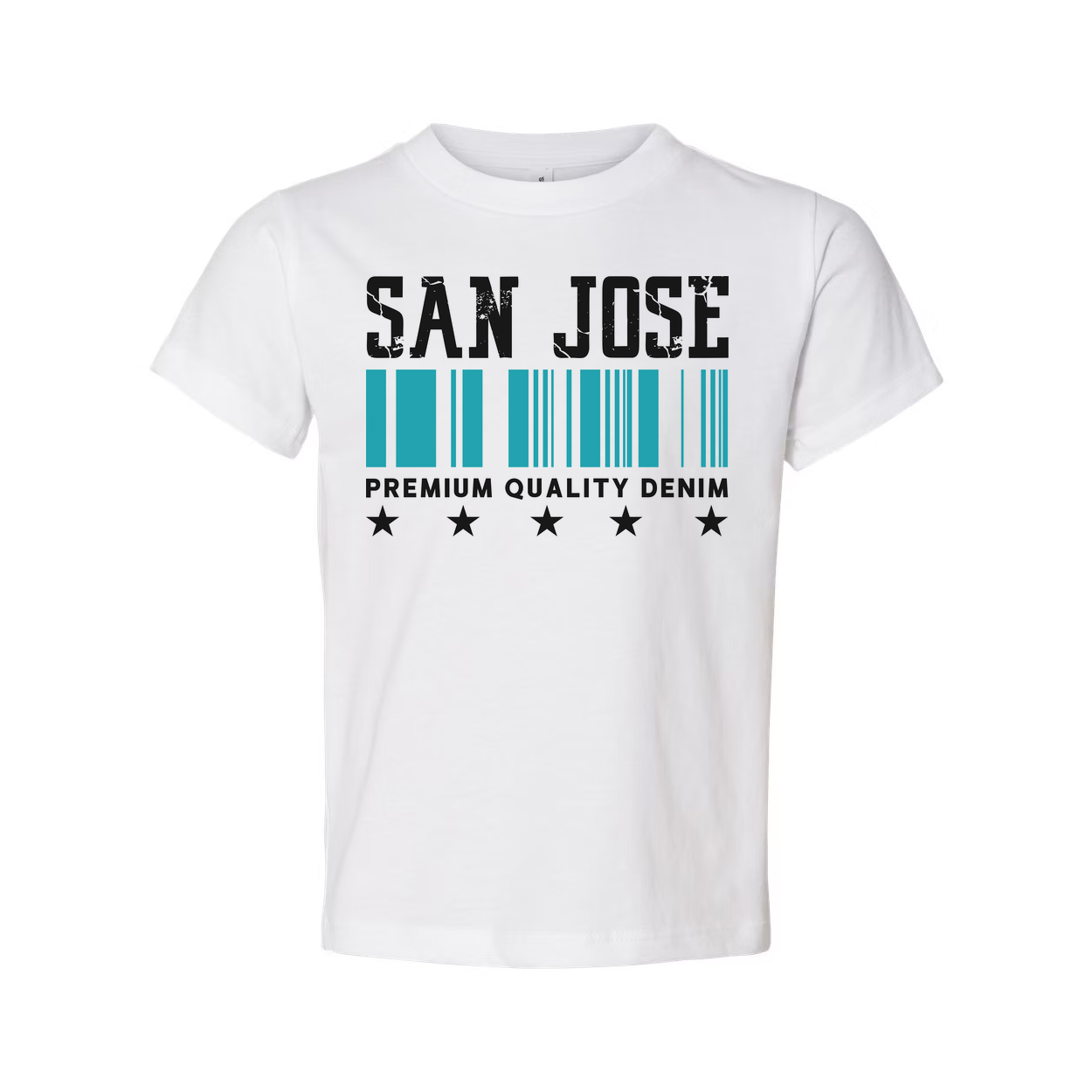 San Jose Barcode Graphic T Shirt With Premium Quality Denim Text And Star Symbols Design